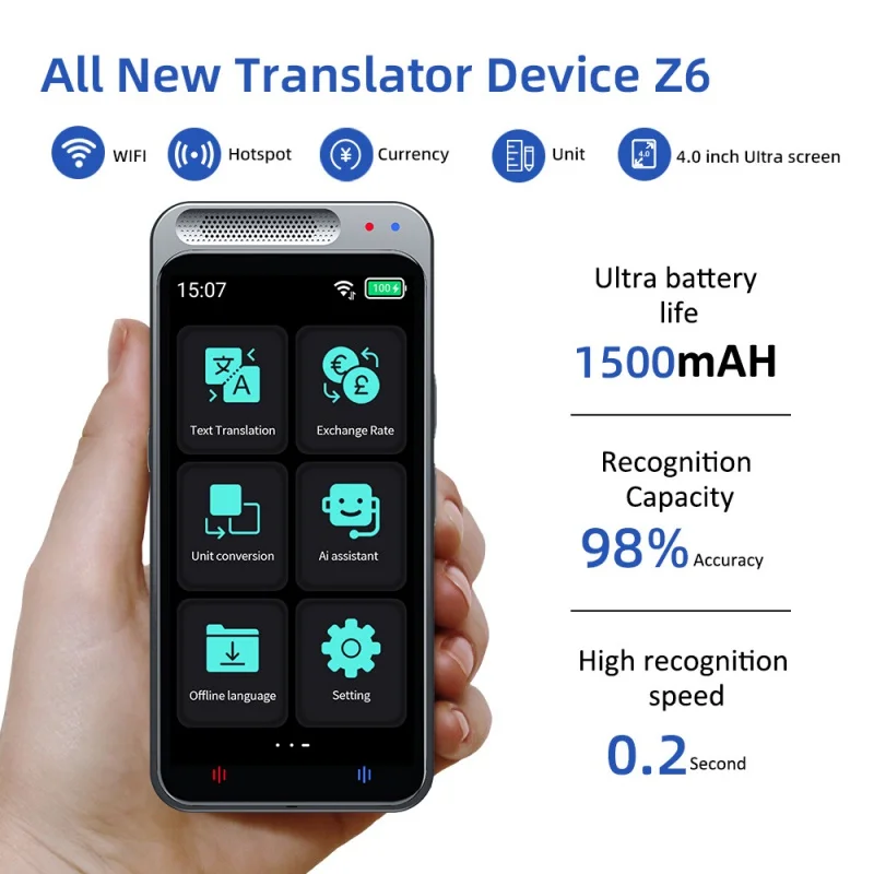 

Z6 Language Translator Device 138 National Languages Intelligent Translator Real-time Voice, Recording, Text Translation Device
