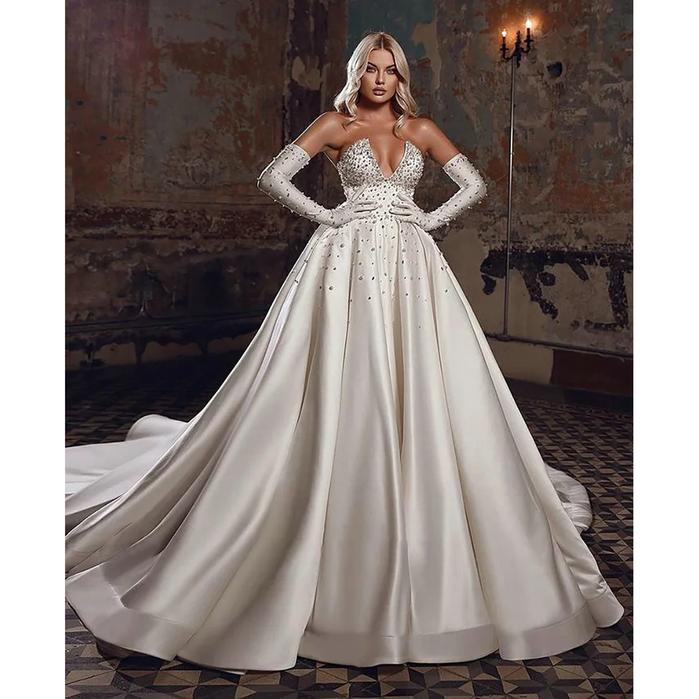 STEVDITG Elegant Satin A-Line Wedding Dress Fashion Deep V-Neck Strapless Crystal Pearls Court Train Gown Draped Bride Dress
STEVDITG Elegant Satin A-Line Wedding Dress Fashion Deep V-Neck Strapless Crystal Pearls Court Train Gown Draped Bride Dress