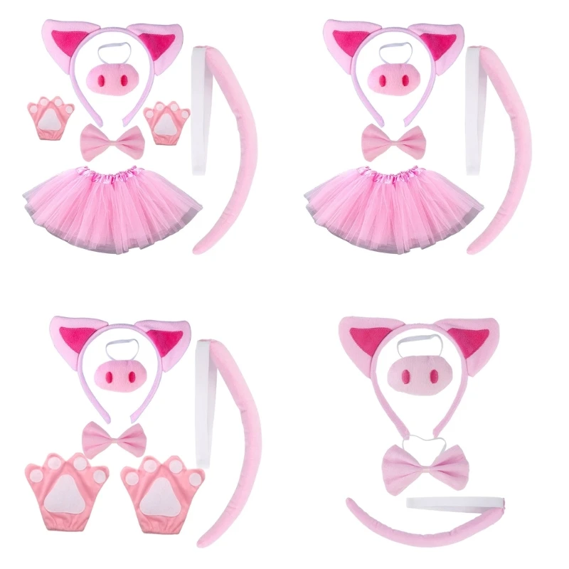 

Набор аксессуаров для костюма свиньи. Нечеткая розовая повязка на голову со свиными ушками, галстук-бабочка, морда, юбка, и для