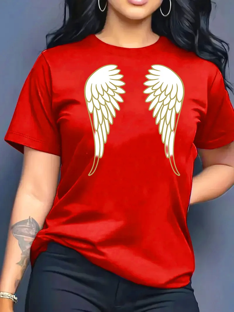 قميص نسائي جديد لصيف 2026 بياقة مستديرة وتصميم عصري فضفاض مع طباعة أجنحة، قميص بأكمام قصيرة للنساء قميص نسائي جديد لصيف 2026 بياقة مستديرة وتصميم عصري فضفاض مع طباعة أجنحة، قميص بأكمام قصيرة للنساء