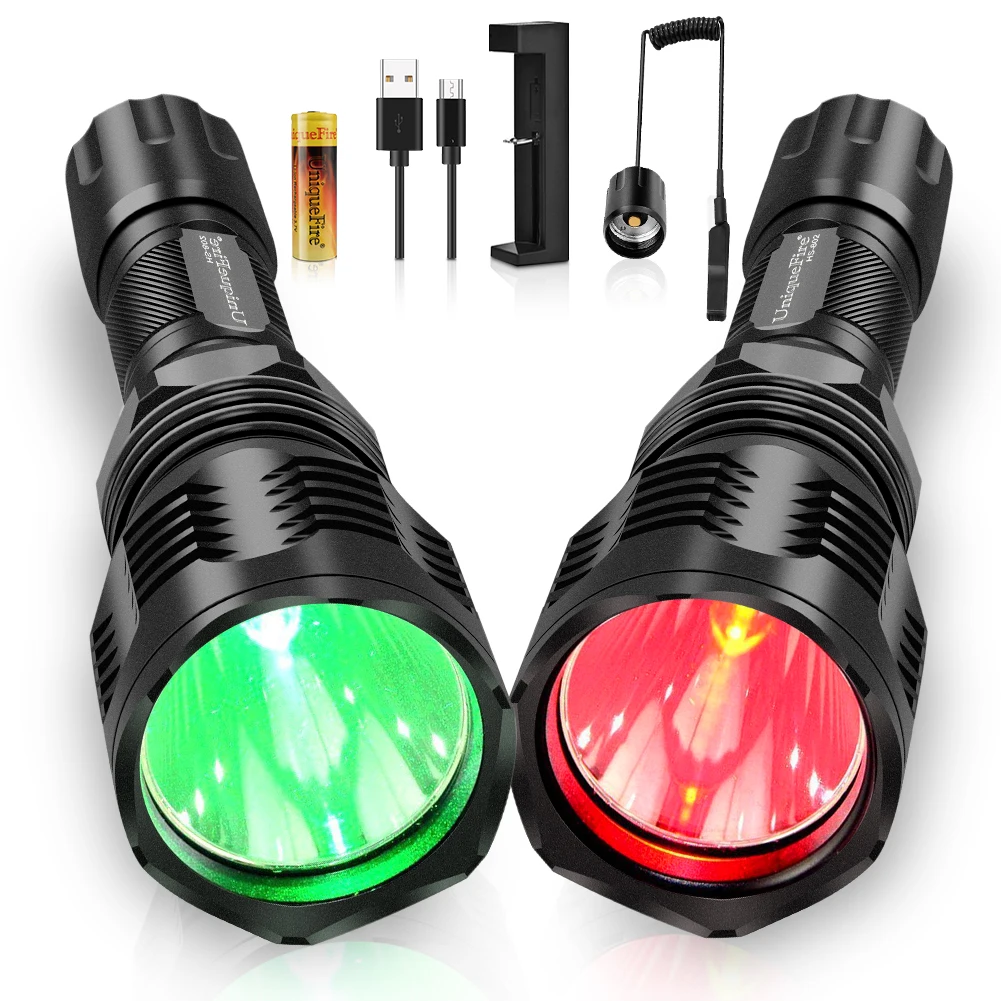 

UniqueFire HS-802 XRE Red Green Predator Light LED Tactical Flashlight Set Rechargeable Torch Hunting Fishing Coyote Hog Varmint