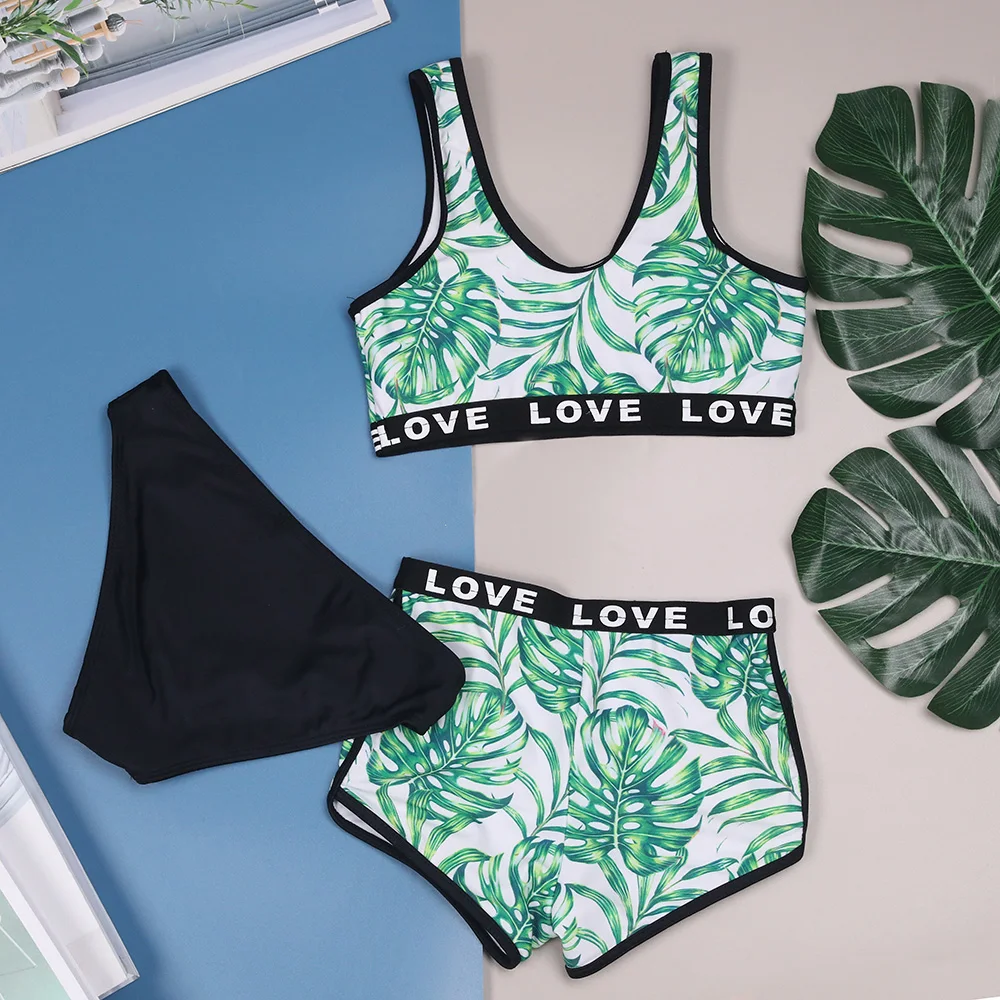 

3pack Tropical Plants Print Girl Swimsuit Kids Letter Tape Trim Two Piece Children's Swimwear 7-14 Years Bathing Suit Beachwear
