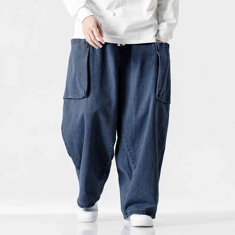 

Men Plus Size Loose Casual Big Pocket Wide Leg Denim Pants Jeans Women Japanese Streetwear Oversized Harem Jeans Trousers