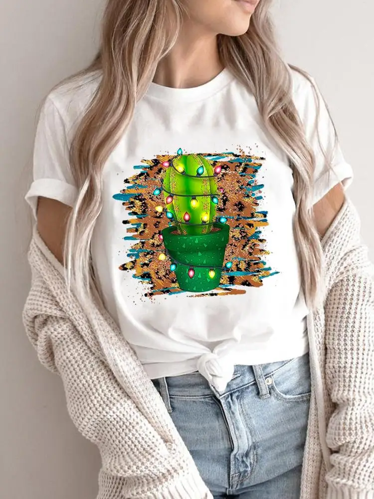 

Женская праздничная одежда с надписью "Merry Christmas", модная женская футболка с принтом растений, кактусов, растений, футболка с графическим рисунком, новогодние футболки