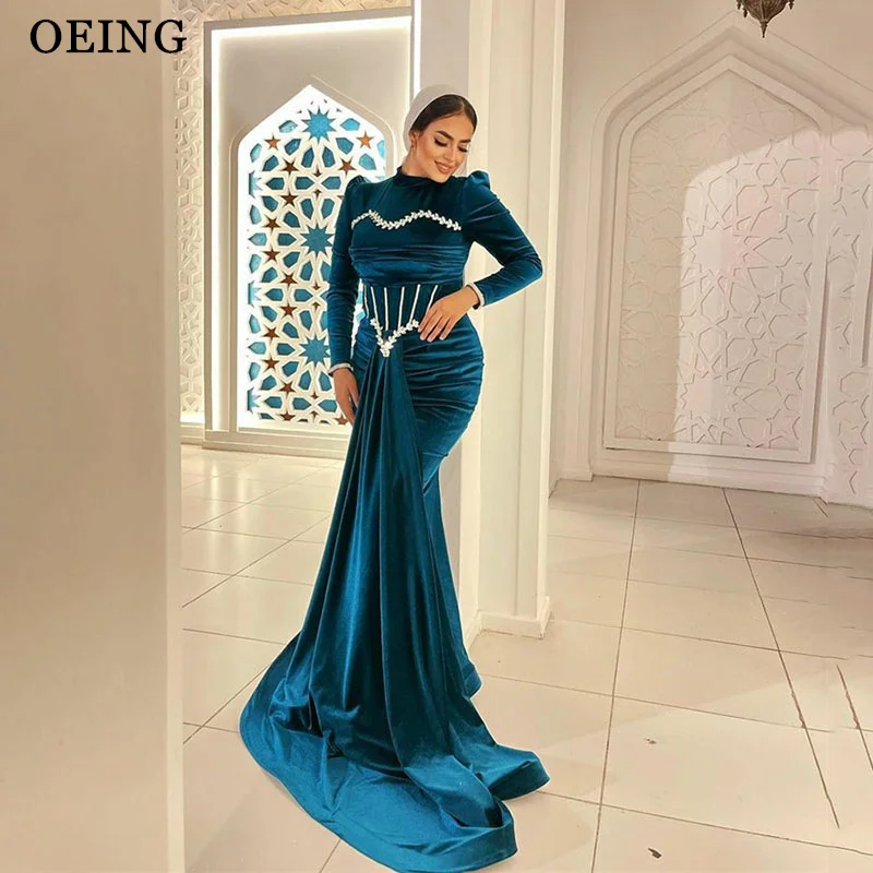 

Простые синие шелковые мусульманские Арабские женские вечерние платья oxiе с высоким воротником с длинным рукавом платье для выпускного вечера Официальное Платье женское