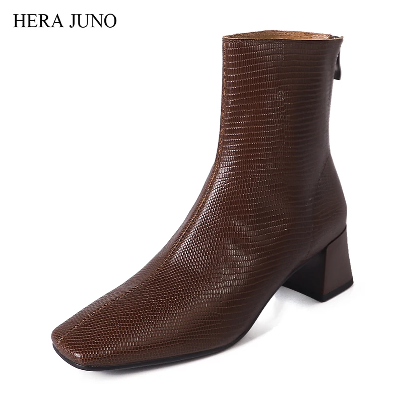 

HERA JUNNO Women's Square Toe Zip Ankle Heels Dress Boots for Women Mid Calf Chunky Heeled Dressy Boot Womens Leather Bootie