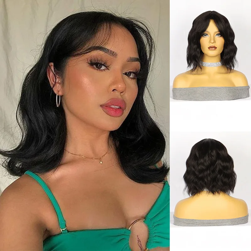 

Popular synthetic wig with black highlight dyed eight line bangs, curly water ripple at the tail, chemical fiber inner buckle, r