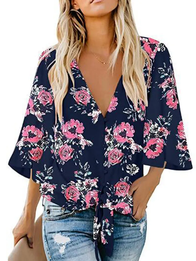 

Women Casual Floral Blouse Batwing Sleeve Loose Fitting Shirts Boho Knot Front Tops Summer Boho Shirt Female Blouses Femme