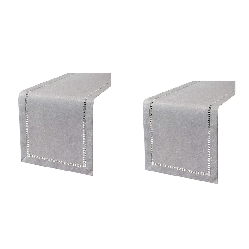 

2X Hand Hemstitched Dining Table Runner Dresser Scarves, Silver Thread Interweaving (Light Gray, 12 X 72 Table Runners)