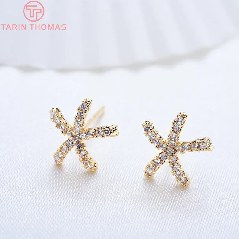 

(2218)4PCS 10MM 24K Gold Color Plated Brass with Zircon starfish Earring Hooks High Quality Diy Jewelry Findings Accessories