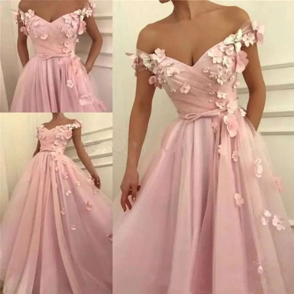 

2023 Elegant 3D Flowers Evening Gowns Off Shoulder A Line Lace Appliques Tulle V Neck Long Party Prom Dress Vestido De Noche