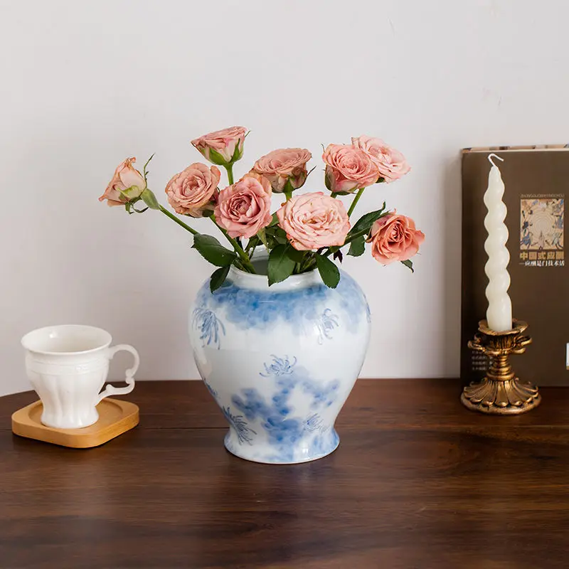 

Фарфор сине-белый ручной росписи, ретро керамика, большая ваза, декоративные сушеные цветы, Цветочная композиция для гостиной