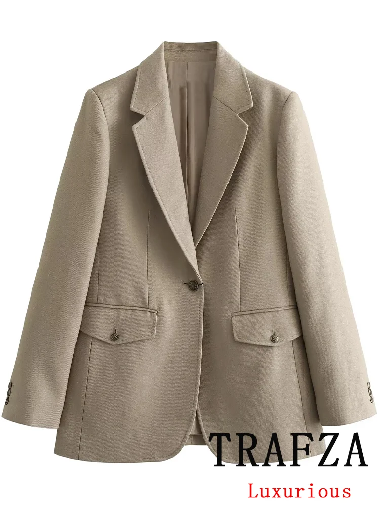 

TRAFZA Vintage Casual Women Blazer Solid Single Breasted V Neck Long Sleeve Pockets Blazer New Fashion 2024 Office Lady Blazers
