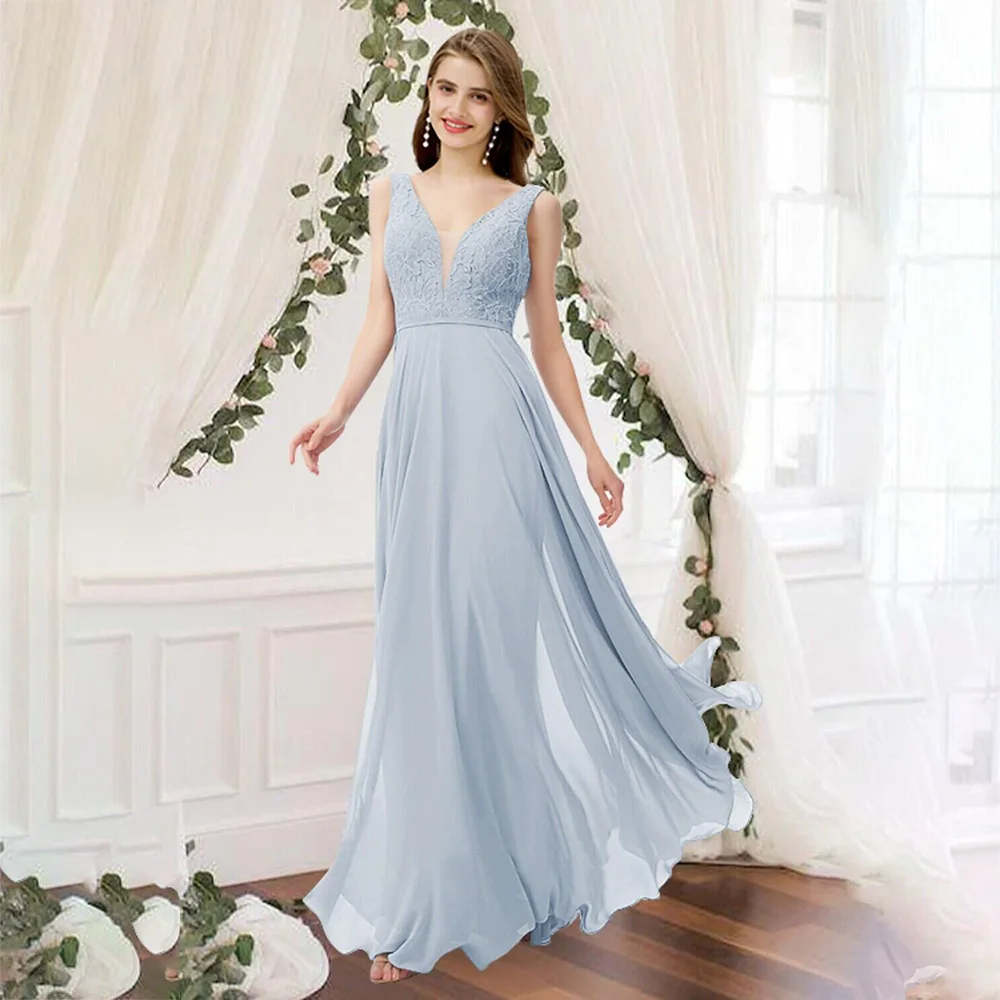 

UETEEY V Neck Sleeveless Bridesmaid Dress 2022 Elegant Floor Length Chiffon A-Line Wedding Party Gowns Pleats Brush Train