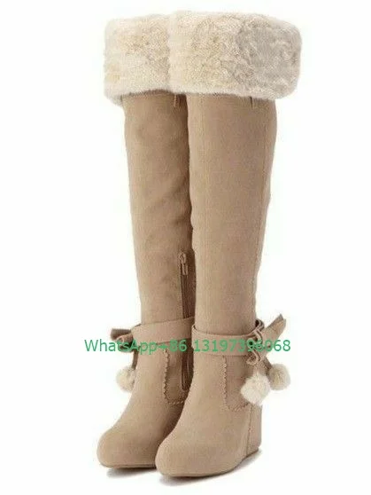 

Lady nude color wedge heel platform knee boots fur design side zip boots daily dress height top boots feather footwear size