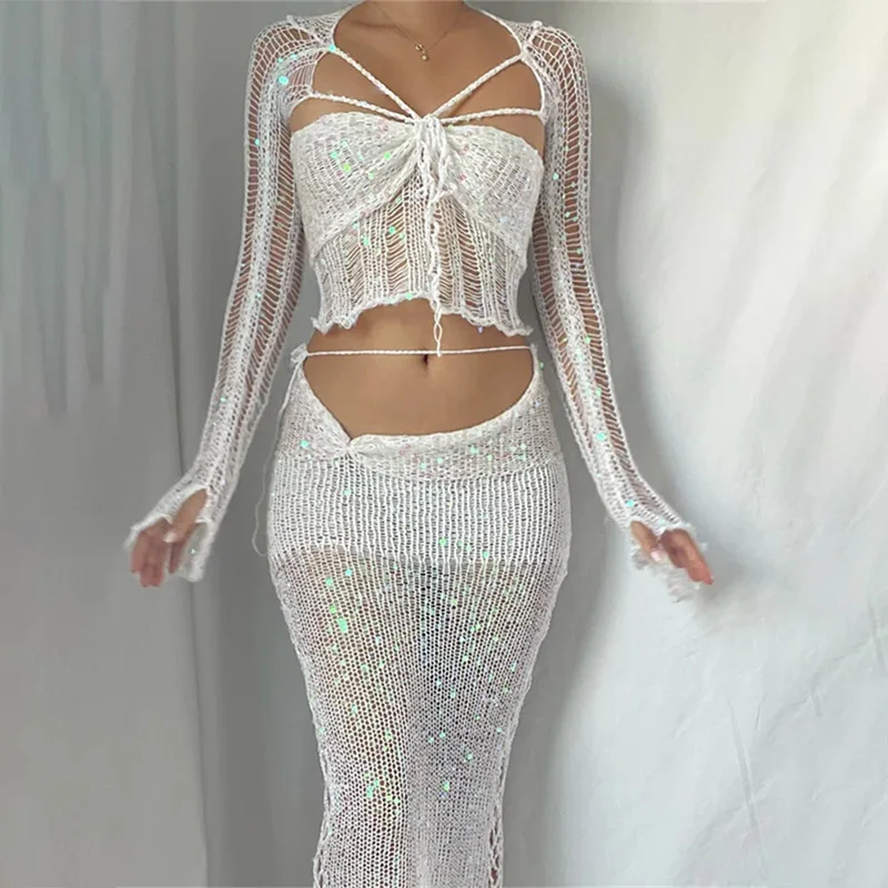 Sexy Mini Skirts Two Piece Sets Women Sequins Knitted Hollow Out Long Sleeve Crop Top Skirt Suits Summer 2023 Beach Party Outfit
Sexy Mini Skirts Two Piece Sets Women Sequins Knitted Hollow Out Long Sleeve Crop Top Skirt Suits Summer 2023 Beach Party Outfit