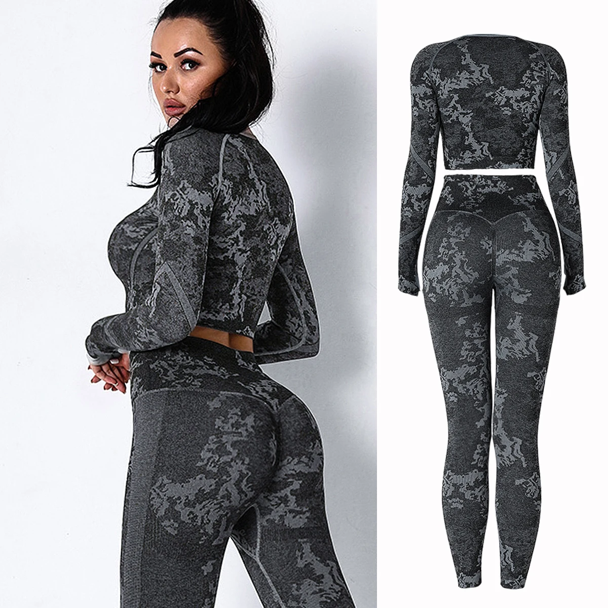 

Women 2pcs Seamless Yoga Set Sport Suit Gymwear Workout Clothes Long Sleeve Gym Crop Top High Waist Leggings Fitness Sports Wear