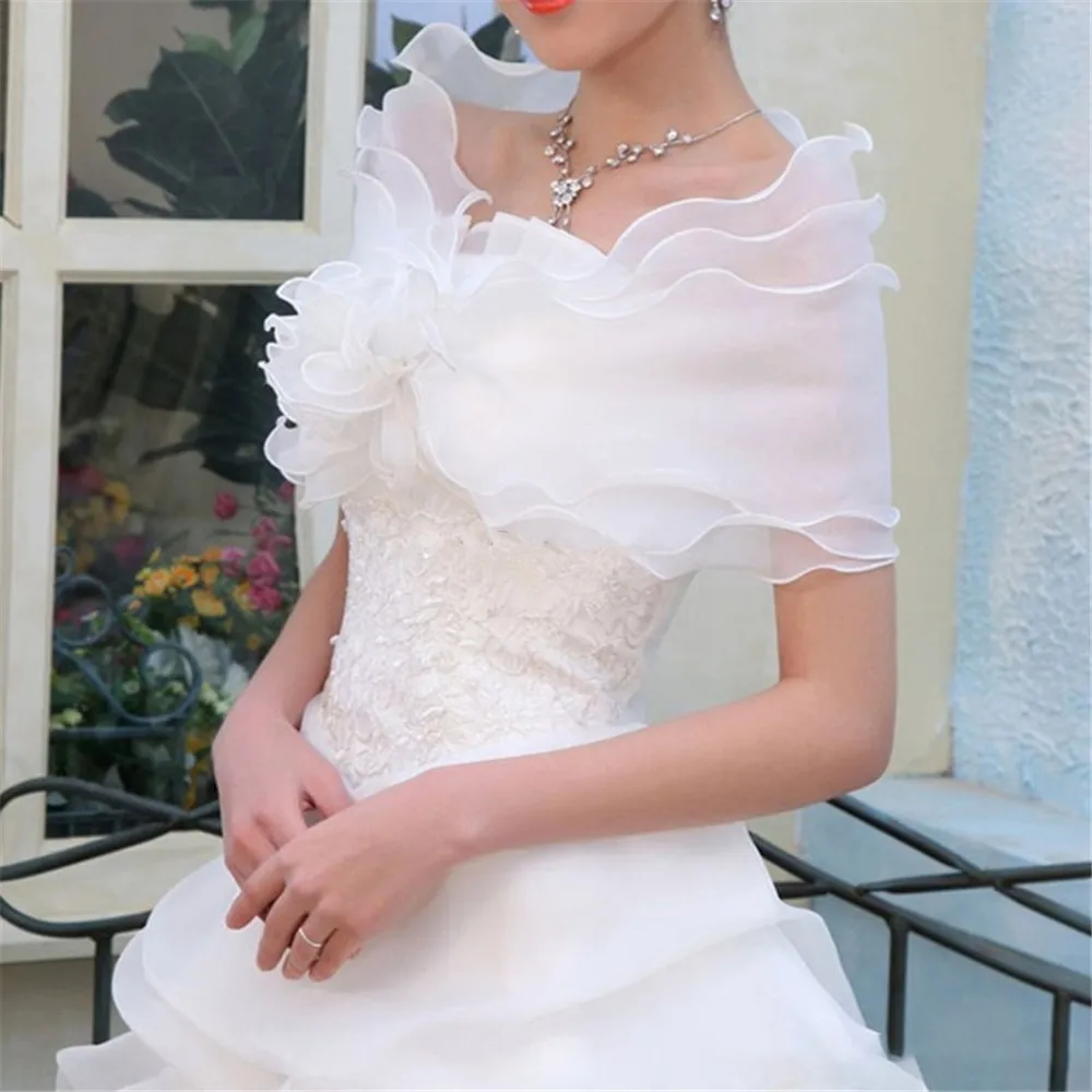 

White Elegant Flower Multi Layer Tulle Shawl Wedding Wrap Bridal Chiffon Short Coat Fairy Marriage Accessories