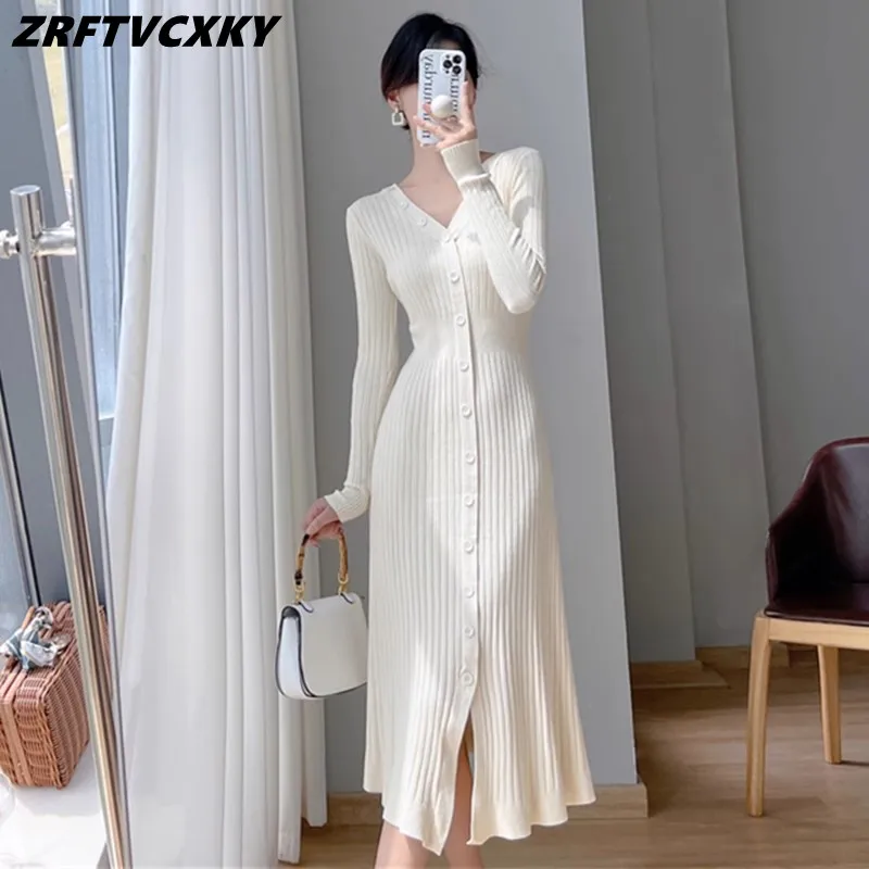 Temperament V-neck Sweater Dress For Women Spring Fall New Single-Breasted Long Sleeve Cardigan Knitted Dress Robe Femme
Temperament V-neck Sweater Dress For Women Spring Fall New Single-Breasted Long Sleeve Cardigan Knitted Dress Robe Femme