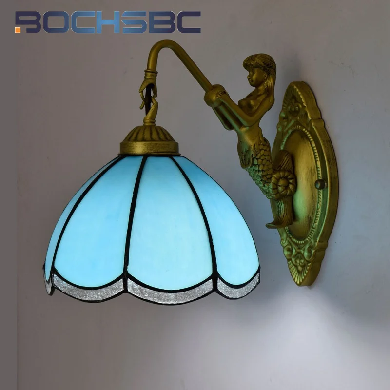 

BOCHSBC Tiffany style stained glass 8inch Mediterranean blue mermaid wall lamp Dining room bedroom aisle balcony LED decor