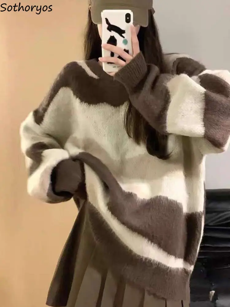 

Pullovers Women Panelled Retro Simple Cozy Warm Sweater Ulzzang New Tender Casual Autumn Loose Students Striped Design All-match