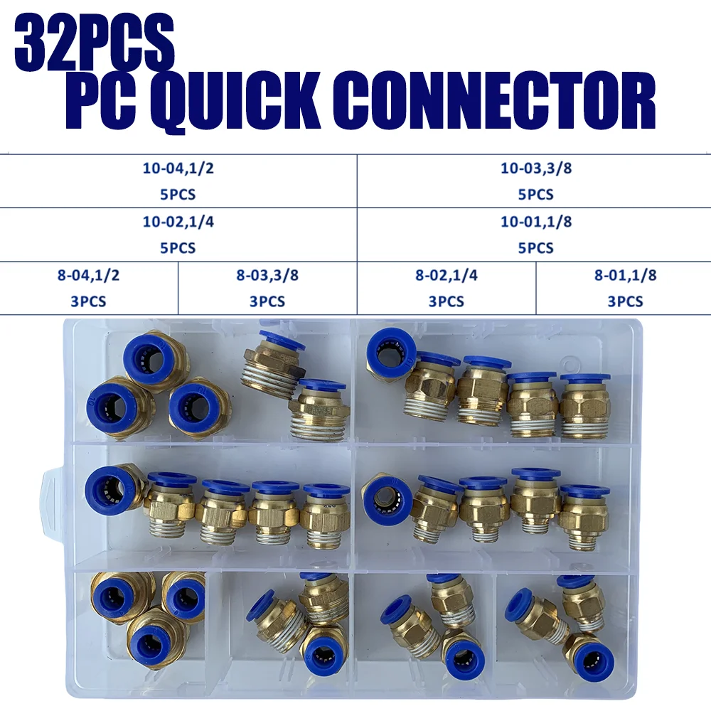 

32pcs PC Pneumatic Quick Release Fitting Connector 8mm10mm OD Hose Tube to 1/8 1/4 3/8 1/2 Thread Air Compressor Joint Coupler