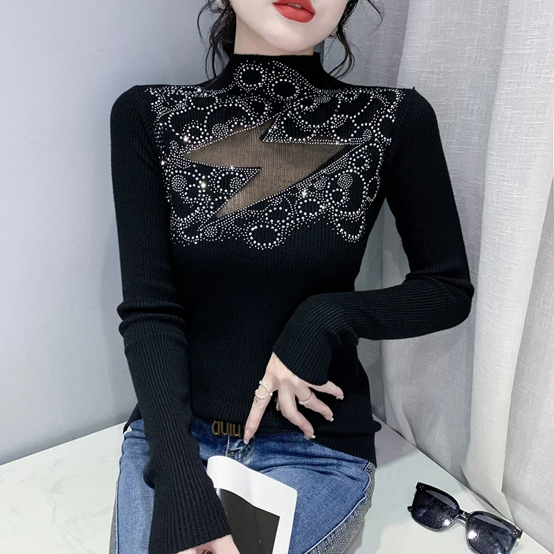 

Fall Winter Knitted Mock Neck Sweater Sexy Spliced Hollow Out Diamonds Women's Bottoming Shirt Pullovers Long Sleeve Tops 1013