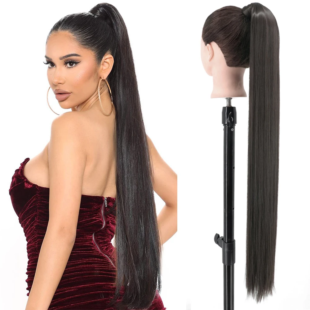 

Synthetic Long Straight Wrap Around Clip In Ponytail Hair Extension 85cm Heat Reistan Pony Tail Fake Hair Natural Hairpiece
