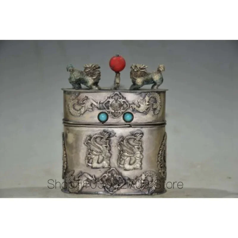 

Old Chinese tibet silver inlay gem handcarved Dragon phoenix toothpick boxes 907