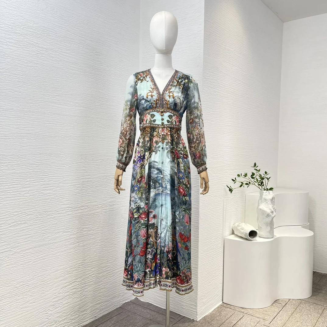 Vintage Dimonds Pressed High Quality Silk Blue Floral Print Long Sleeve V Neck Midi Women Dress
Vintage Dimonds Pressed High Quality Silk Blue Floral Print Long Sleeve V Neck Midi Women Dress