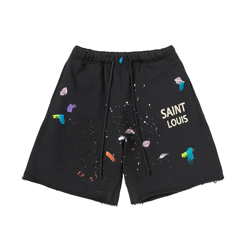 

Saint Louis Saint Summer Men's and Women's Splash Graffiti Fashion Brand Casual Loose and Dirty Pure Cotton Black Vintage Shorts