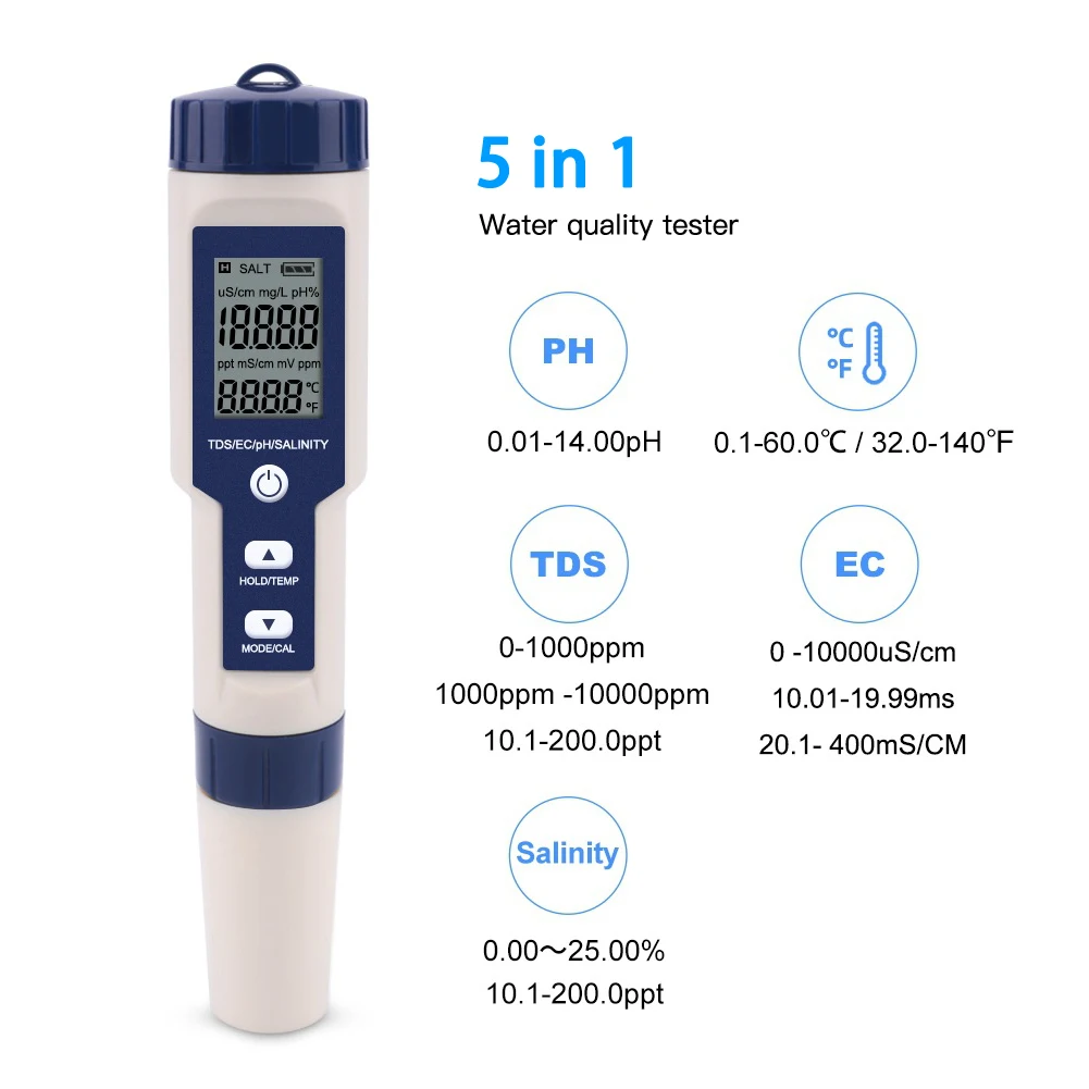 5 in 1 TDS/EC/PH/Salinity/Temperature Meter Digital Water Quality Monitor Tester for Pools, Drinking Water, Aquariums PH Meters
5 in 1 TDS/EC/PH/Salinity/Temperature Meter Digital Water Quality Monitor Tester for Pools, Drinking Water, Aquariums PH Meters