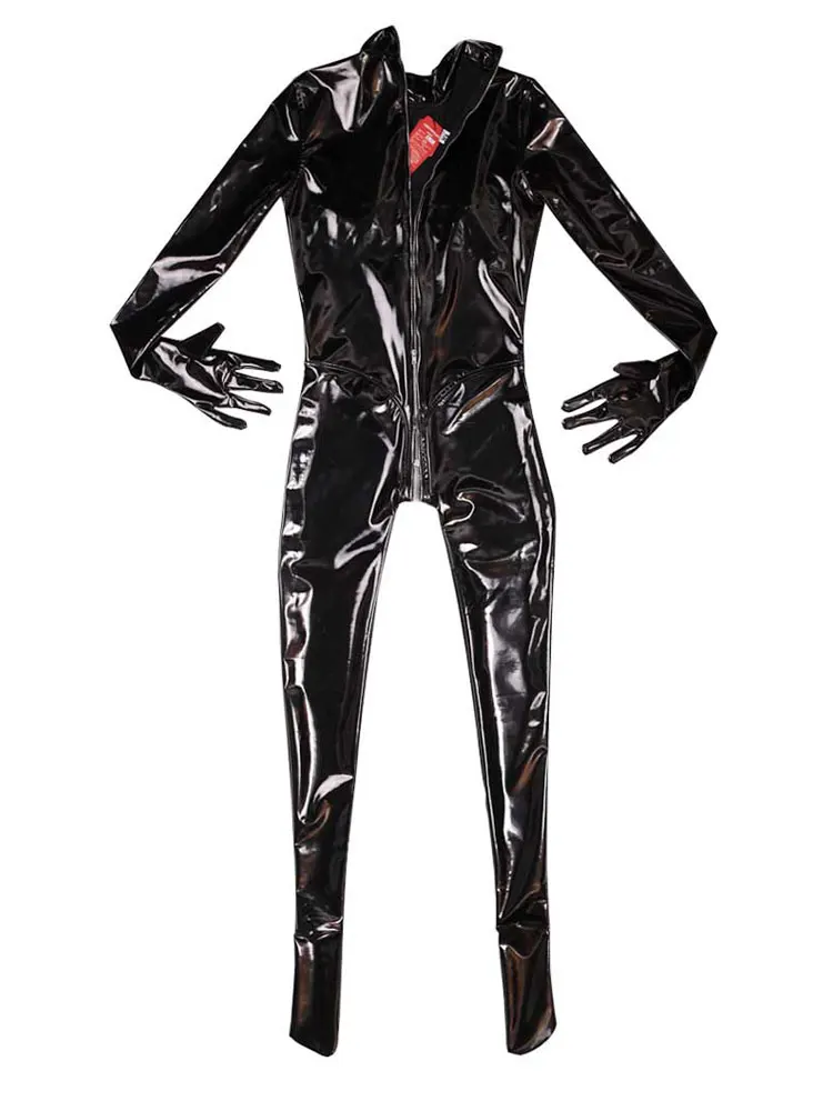 

Sexy PVC Shiny Full Bodysuit PU Faux Latex Wet Look Catsuit Zipper Open Crotch Sexy Tights Bodycon One Piece Leotard With Glove