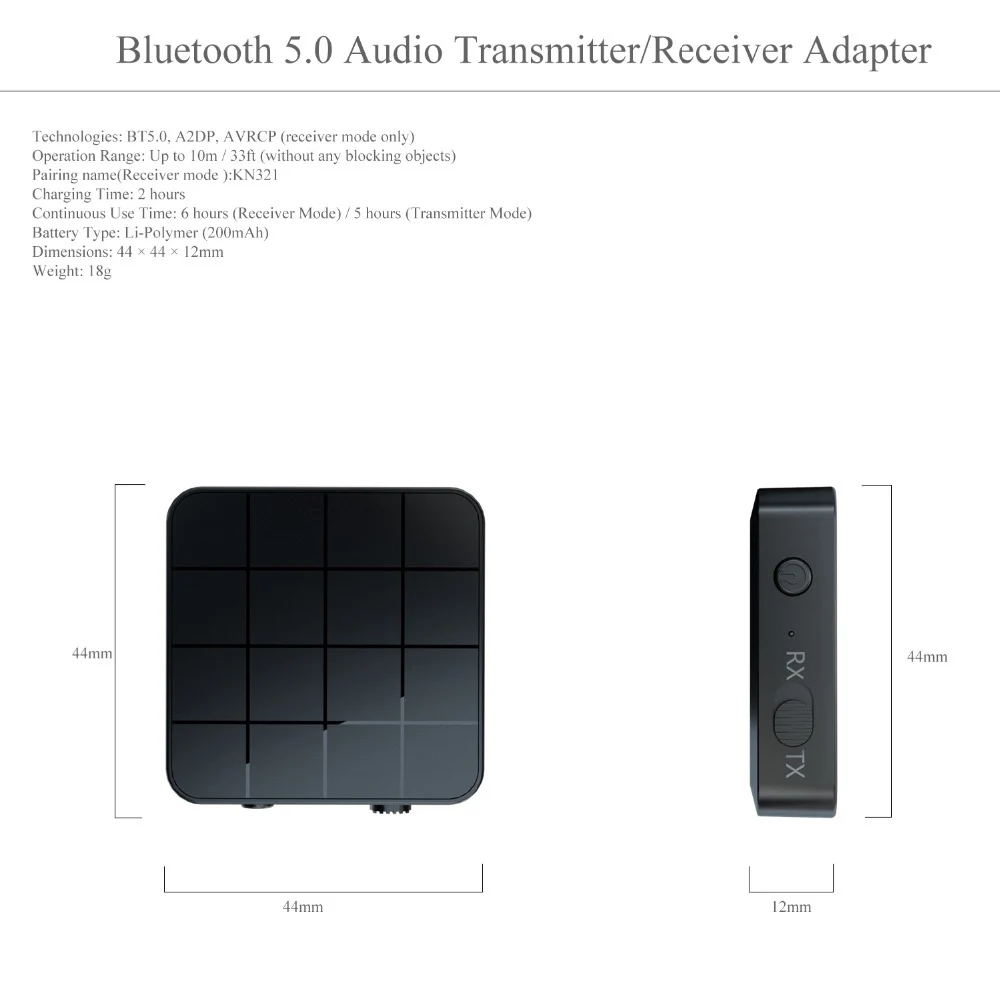 

Аудиоприемник 2 в 1 KN321 с поддержкой Bluetooth 5,0, передатчик, музыкальный стерео беспроводной адаптер с разъемом AUX RCA 3,5 мм для автомобильного ТВ