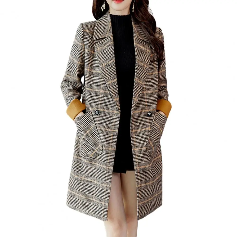 

Женское зимнее пальто в клетку средней длины, Свободный теплый ветрозащитный плотный Тренч средней длины с двумя пуговицами, карманами, длинным рукавом и отложным воротником