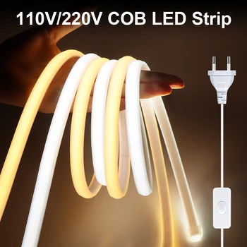110V 220V COB LED 스트립 조명, 유연한 야외 램프, 방수 LED 테이프, EU 플러그, 주방 가정 방 장식, CRI RA90 288LEDs/m 상품 이미지
