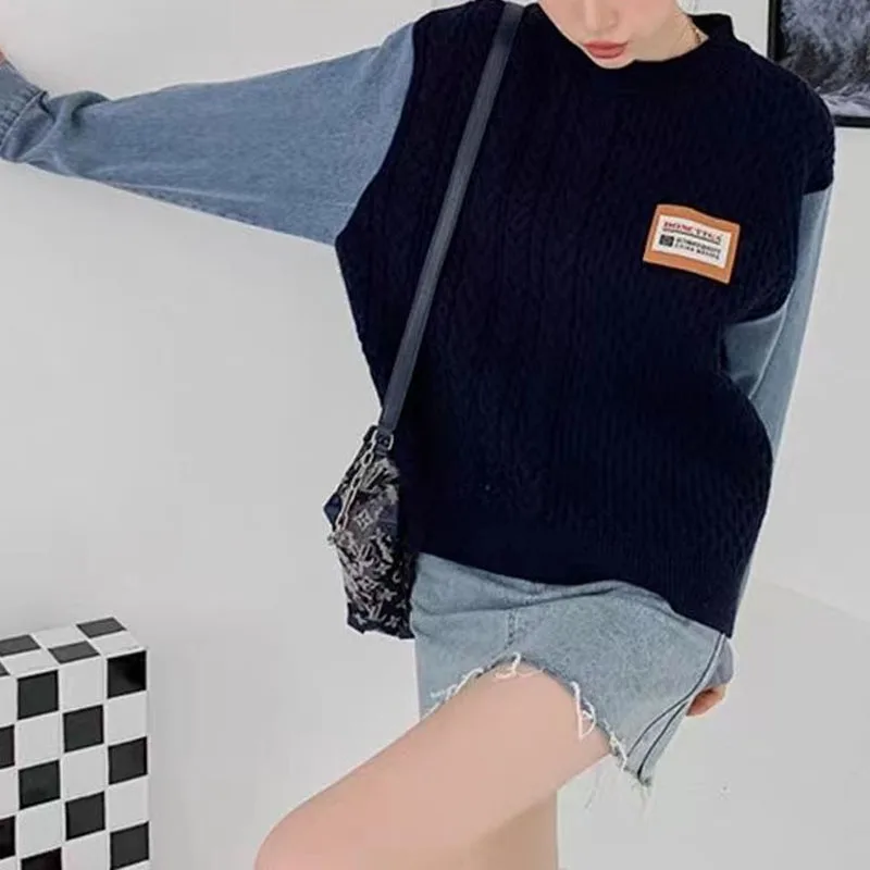 

New Autumn Fashion Vintage Splice Denim Fake Two Piece Design Sense Round Neck Loose Versatile Slim Women's Long Sleeve Sweater