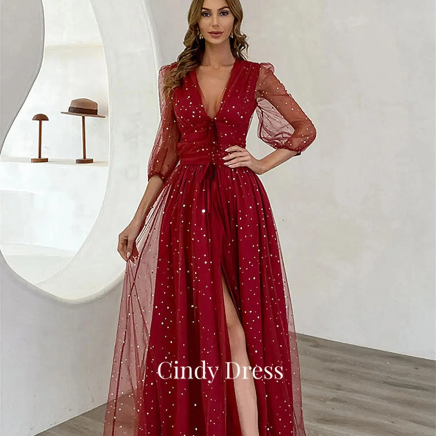 

Женское вечернее платье в горошек Cindy, бордовое элегантное платье с V-образным вырезом и длинным рукавом, роскошное платье для выпускного вечера, 2023