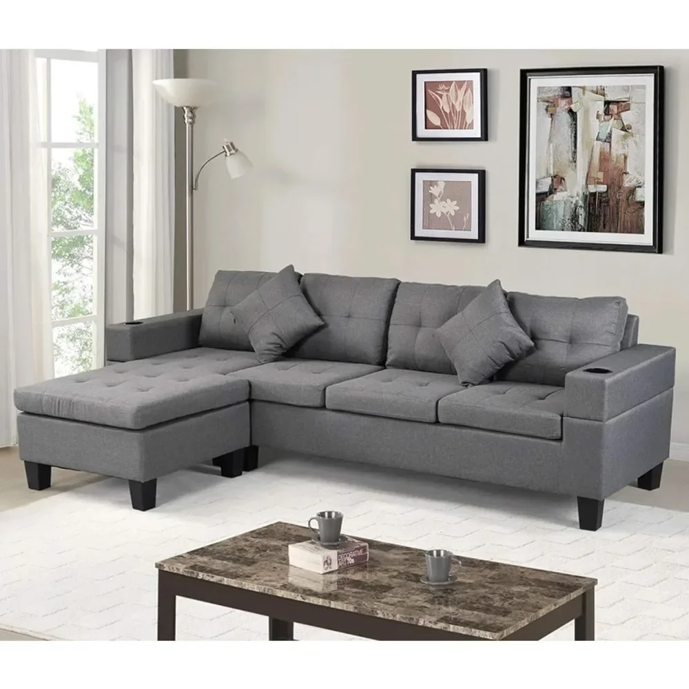 

Modular Sofa Set with L-shaped Lounge Living Room, Cup Holder and Left-hand Chaise Longue Modern 4-seater, Grey