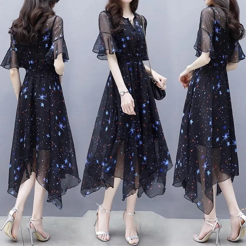 

Floral Chiffon Dress 2024 Summer New Elegant Fashion Large Size Waist Hollow Out Asymmetric Ruffle Short Sleeve Long Dresses