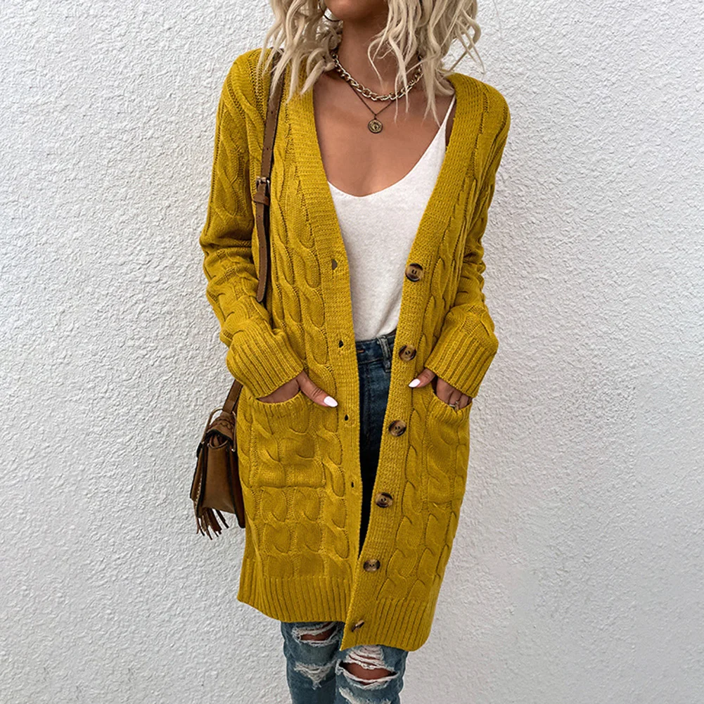 

Fashion Women Ladies Sweater Coat Chunky Knitted Cardigans Long Sleeve Solid Color Button Long Coat Outwear Female Tops