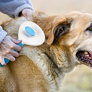 Self-Cleaning Pet Brush | Dogs & Cats, Grooming Tool A side view showing a thumb pressing the blue button on the ergonomic handle, which retracts the bristles to push the collected hair to the surface.