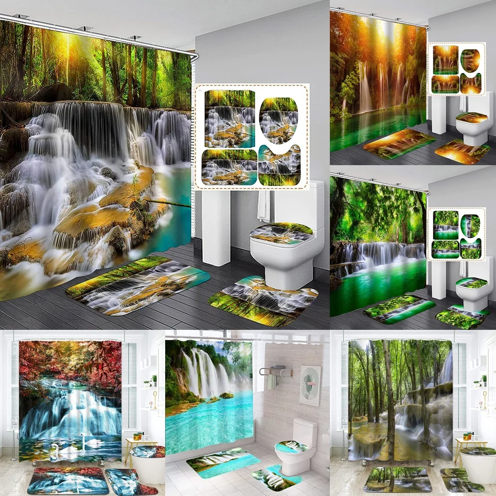 

Waterfall Shower Curtain Set Nature Tropical Jungle Tree Forest Falls Lake Landscape Bath Curtains Bathroom Mat Rug Toilet Cover