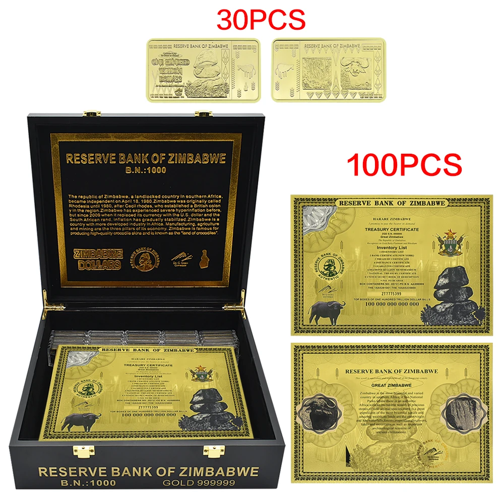 Large Zimbabwe Certificate with Black Box and Gold Bar 100 Trillion Dollar Gold Foil Banknotes with UV Light Series Number
Large Zimbabwe Certificate with Black Box and Gold Bar 100 Trillion Dollar Gold Foil Banknotes with UV Light Series Number