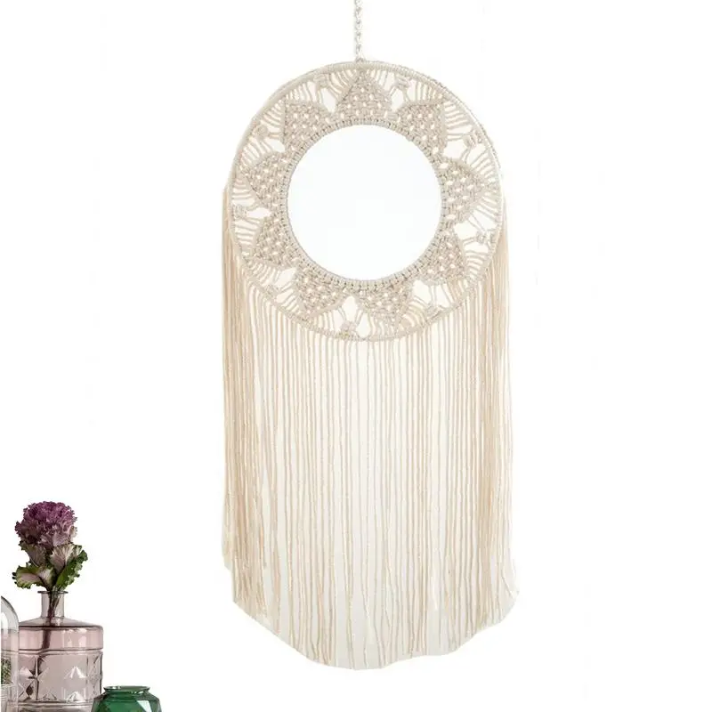 

Macrame Wall Mirror Decor Floating Glass Art Decoration With Long Tassels Bohemia Ornament Home Decor Glass Mirror For Living