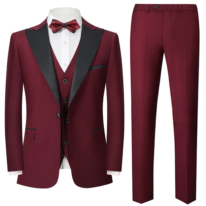 

Lansboter Burgundy Men Suit 3 Pieces Slim Business Casual Fashion Fit Work Wedding Groom Banquet Dress Jacket Vest With Pants