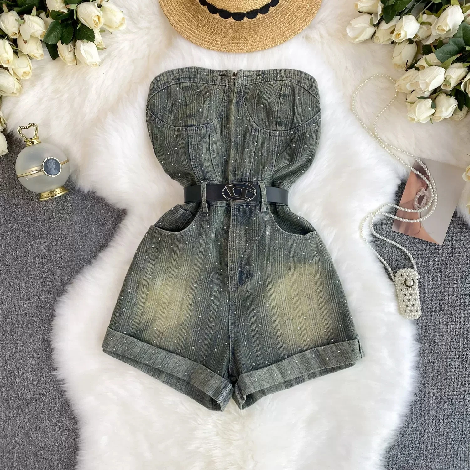 

Women Summer Sexy Playsuits Sleeveless Strapless Rompers Fashionable Hot Drill Strapless Denim Wide Leg Jumpesuits