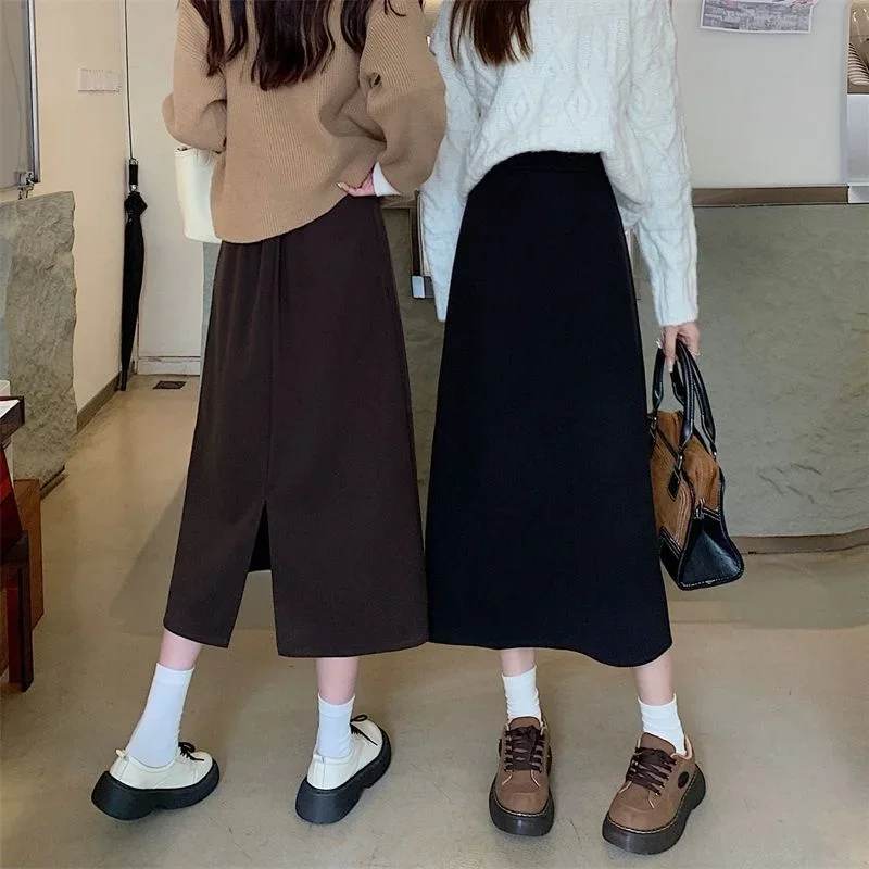 

Woolen Half Skirt Women's 2023 High Waist A-line Skirt Long Split Skirt Korean Fashion Skirts Clothes for Women