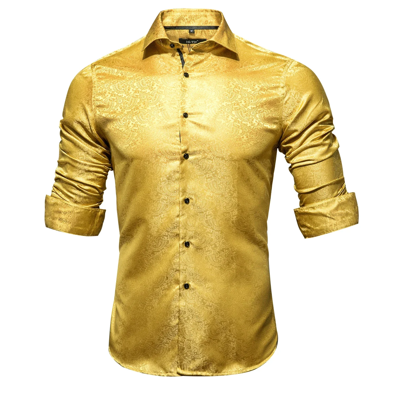 

Luxury Gold Men's Silk Shirt High Quality Long Sleeve Paisley Turndown-Collar Dress Shirt Business Formal Party Wedding Hi-Tie