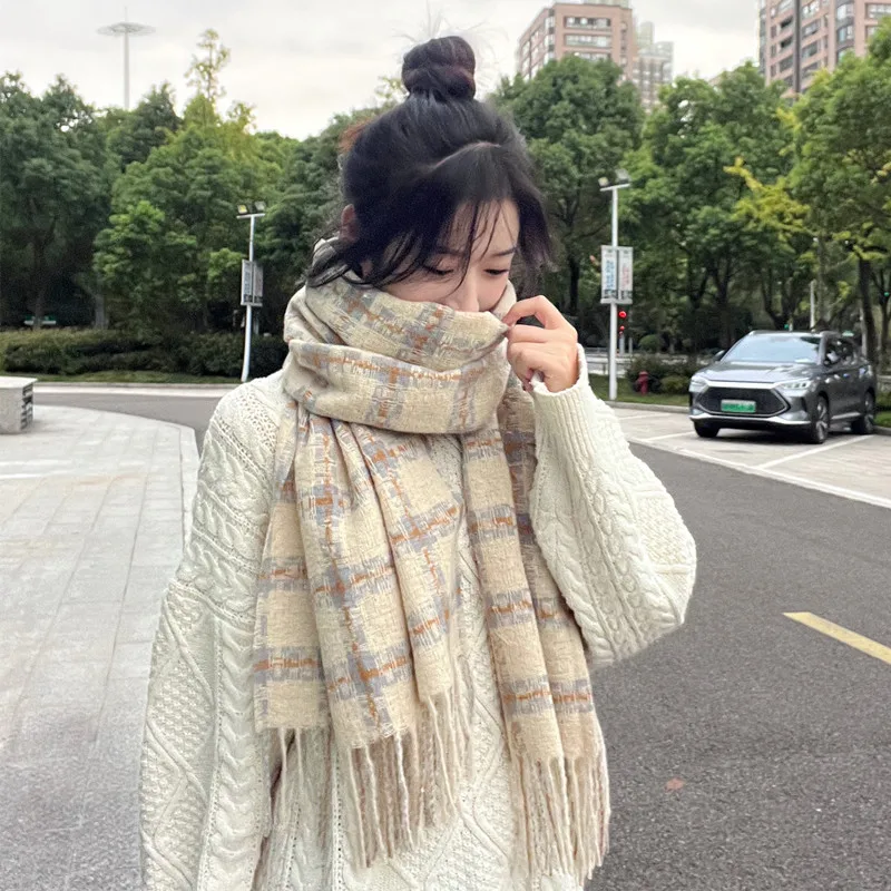 

2024 Autumn/Winter Women's New Tassel Scarf Imitation Cashmere Scarf Korean Edition Shawl Warm Checkered Couple Retro YC34